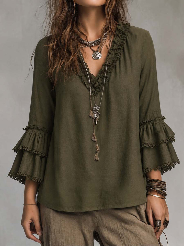 Sophia | Ruffled Lace Cotton Linen Long-sleeved Blouse
