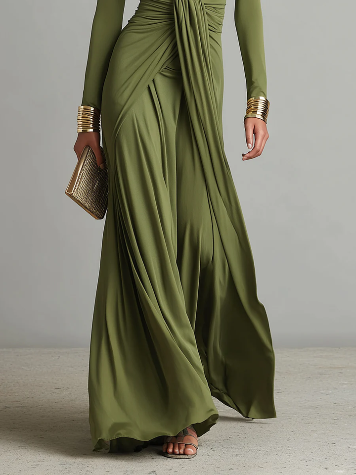 Olive Green Deep V-Neck Pleated Maxi Dress