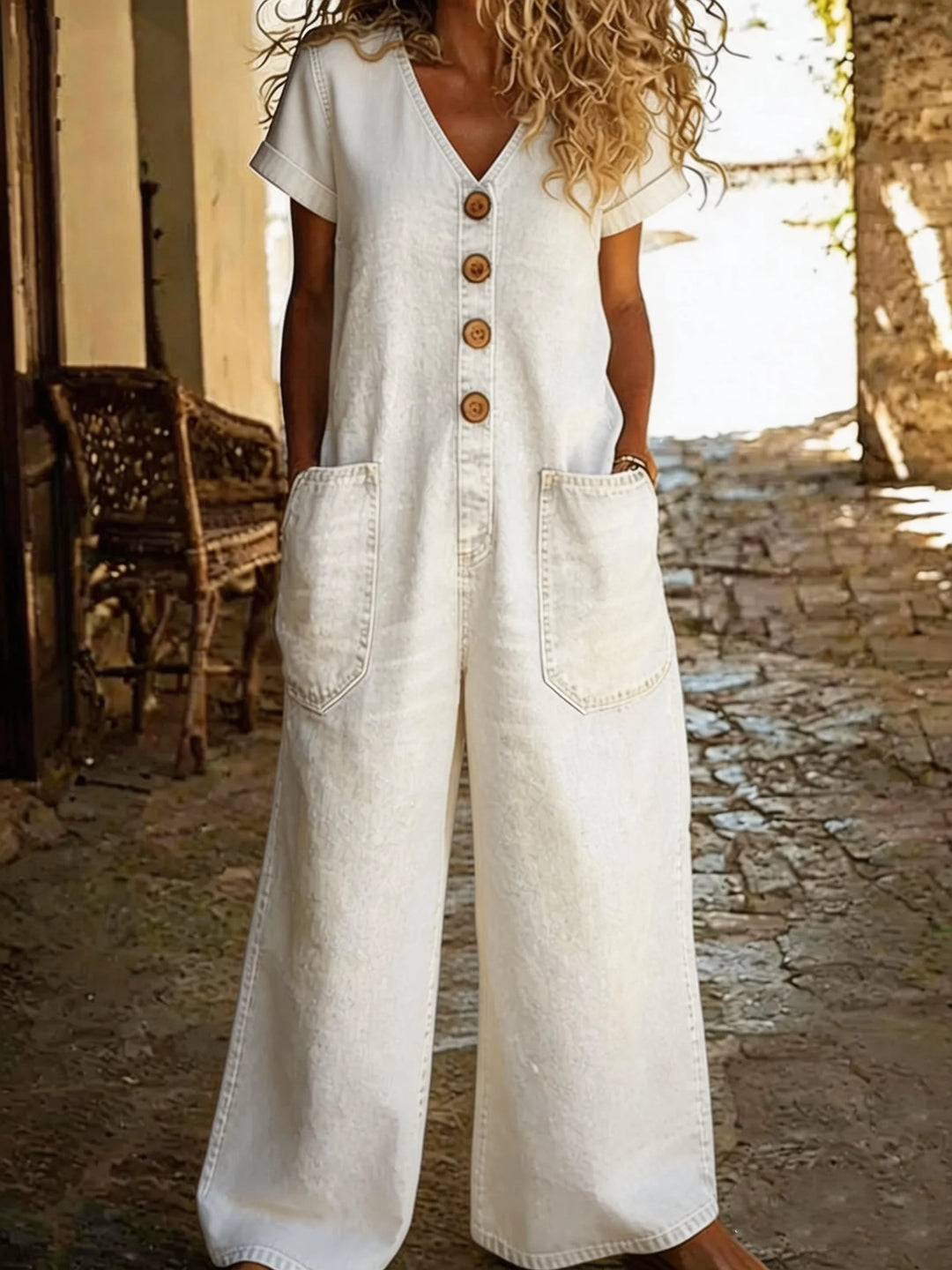 Denise | Denim Jumpsuit with V-neck and Short Sleeves