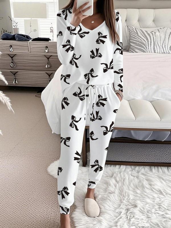 Hallie™ | Bow Print V-Neck Long Sleeve Top & Tie Waist Pants Set