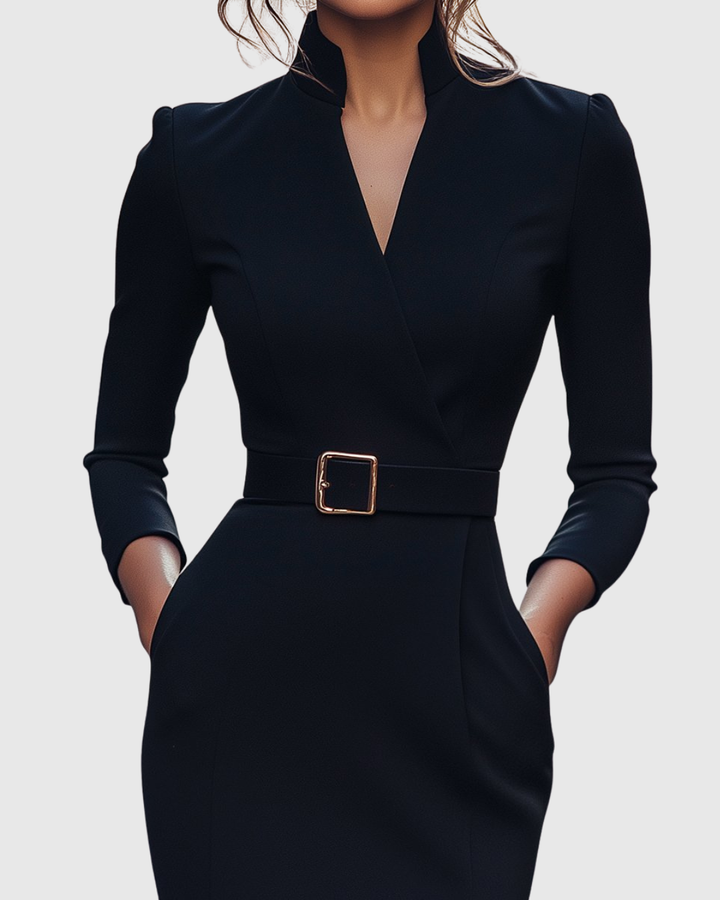 Women's Midi Dress Sheath Slim Fit Three Quarter Sleeve V-Neck Belted