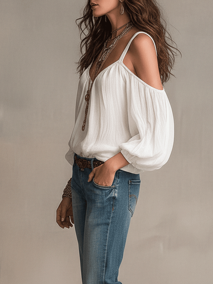 Harriet | Relaxed V-Neck Cold-Shoulder Boho Blouse