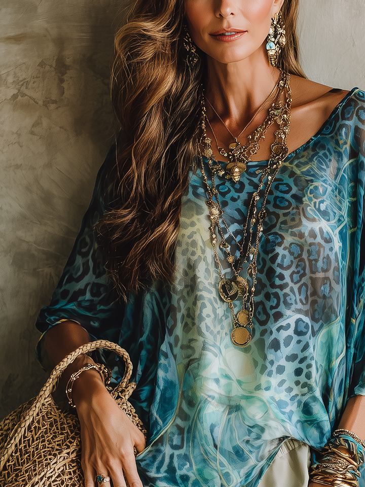Adelaide | Bohemian Blue Leopard Print Batwing Sleeve