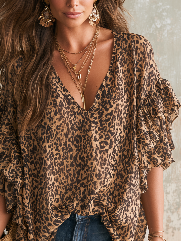 Blythe | Lightweight Bohemian Leopard Print Ruffle Sleeve