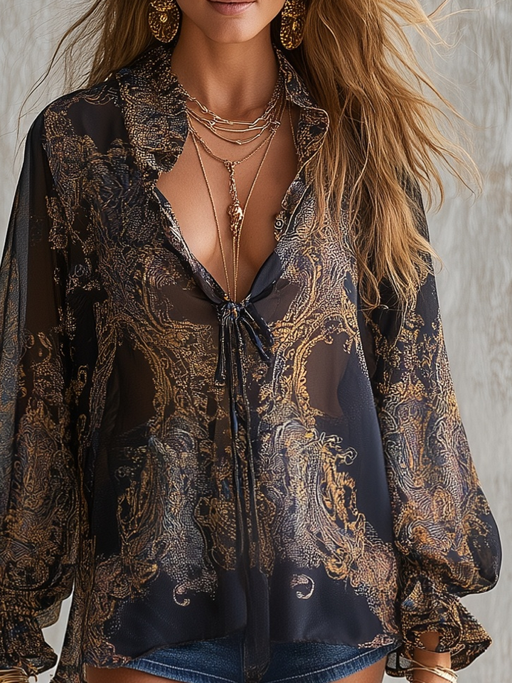 Wren | Romantic Black Gold Baroque Print Sheer