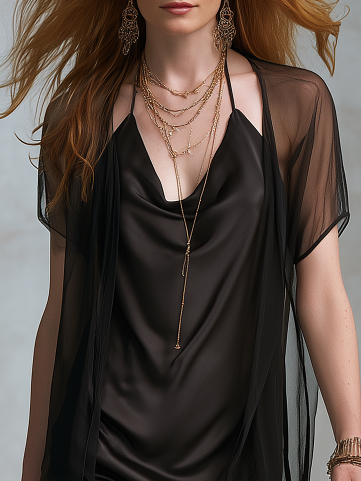 Alana | Elegant Black Satin Draped Neck Vest