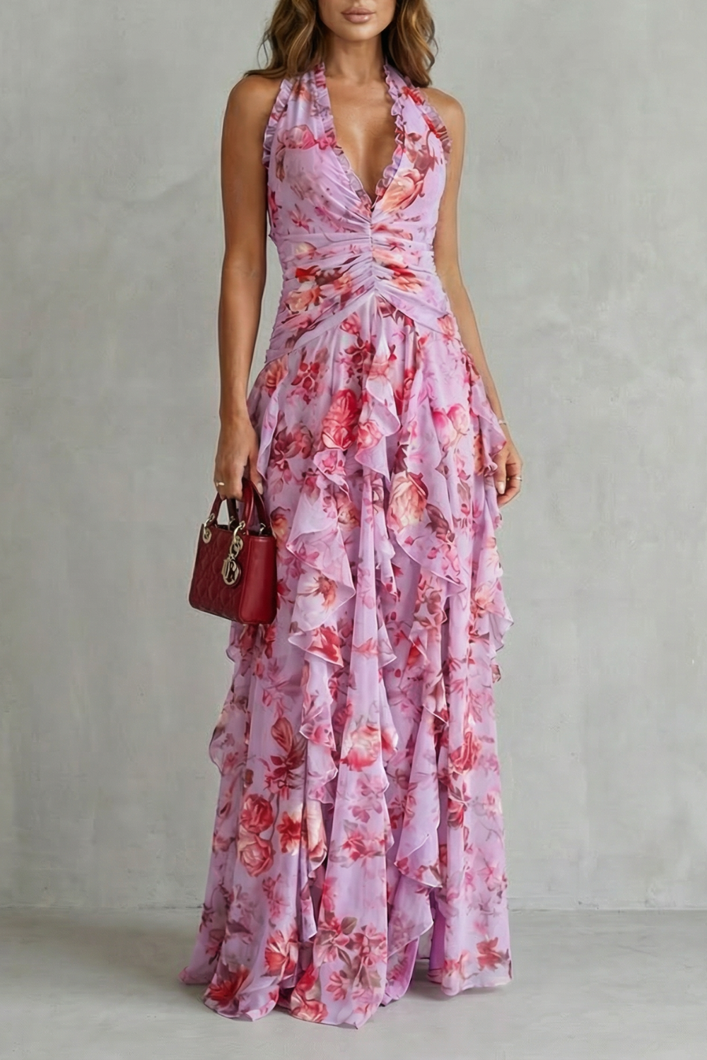 Sadie | Rose Print Long Dress with American Neckline