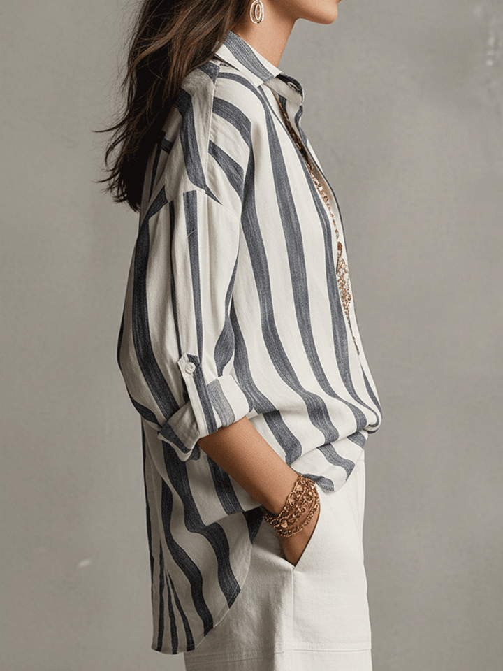Genevieve | Casual Striped Cotton And Linen Long-Sleeved
