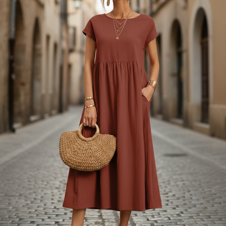Midi Dress Short Sleeve Loose Fit Women