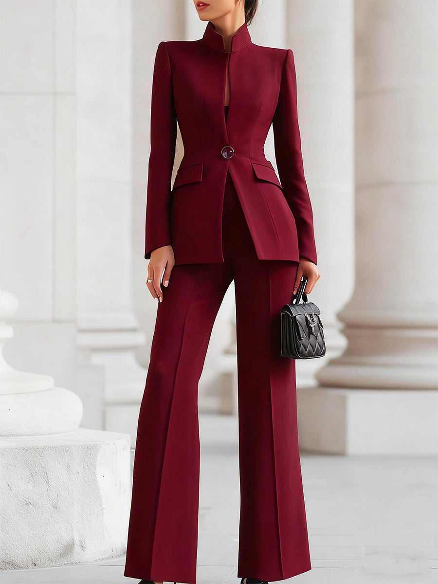 Celeste | Women's Stand Collar Blazer & Wide Leg Pants Suit Set