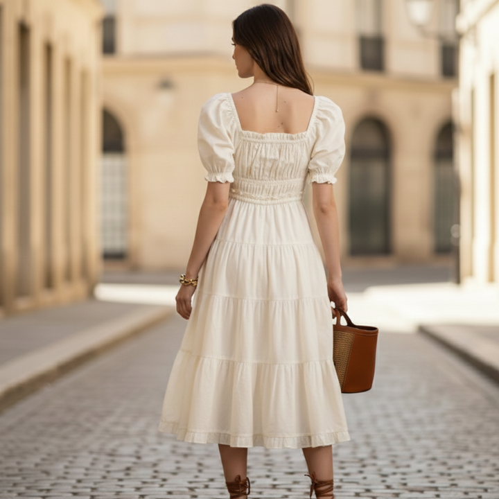 Midi Dress Puff Sleeve Square Neck Women