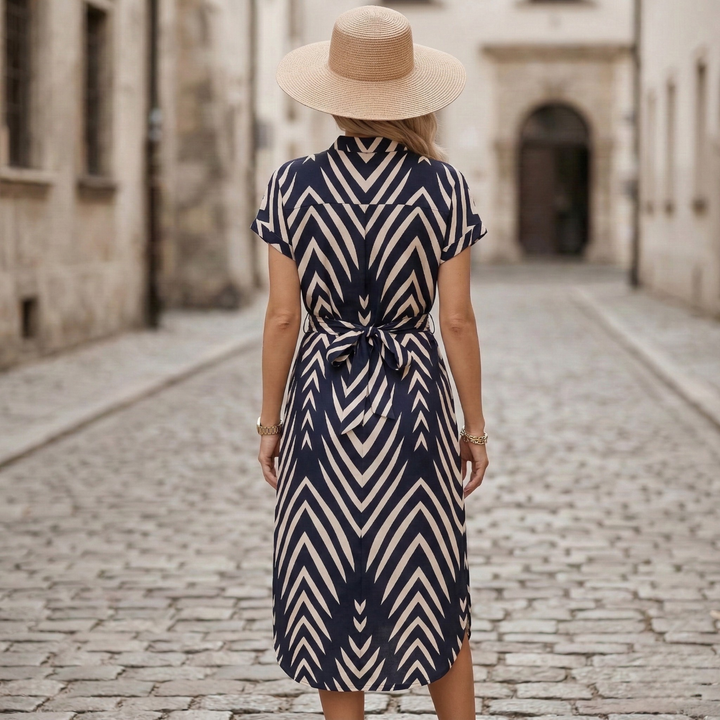 Button Front Belted Midi Dress Shirt Printed Women