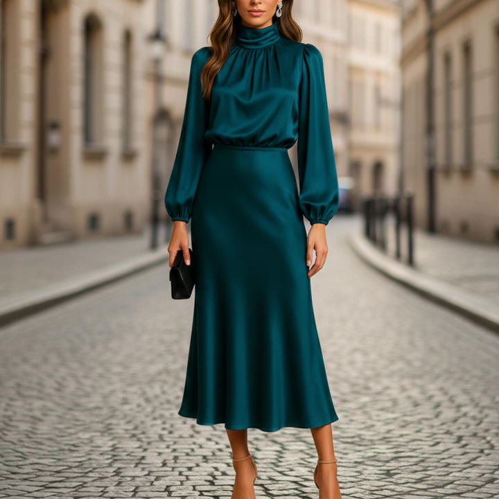 Midi Dress Long Sleeve High Neck Women