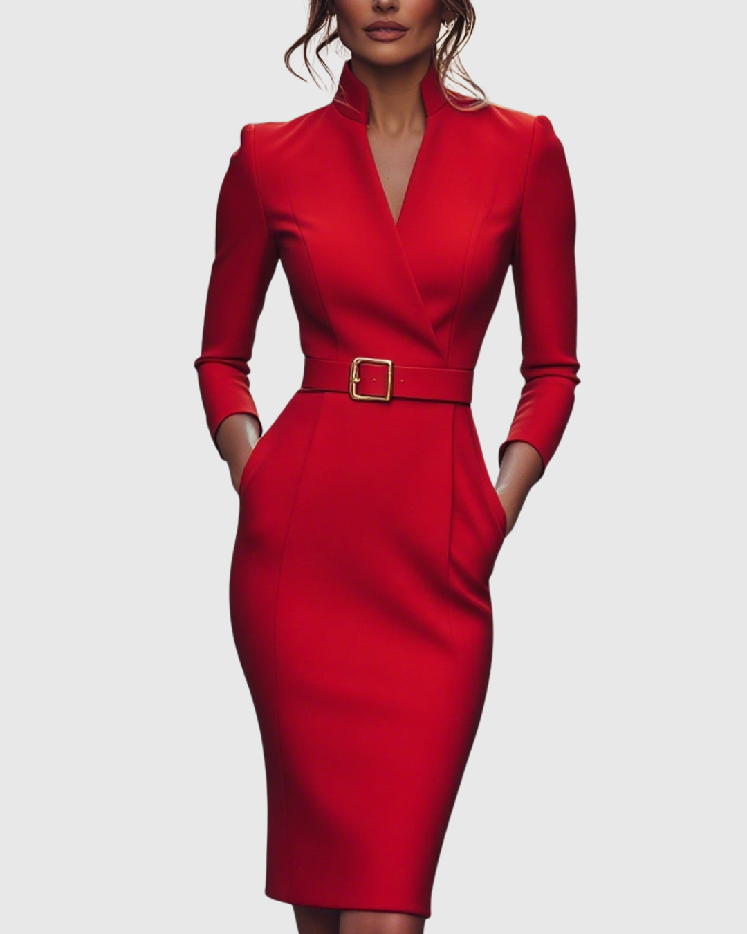 Women's Midi Dress Sheath Slim Fit Three Quarter Sleeve V-Neck Belted