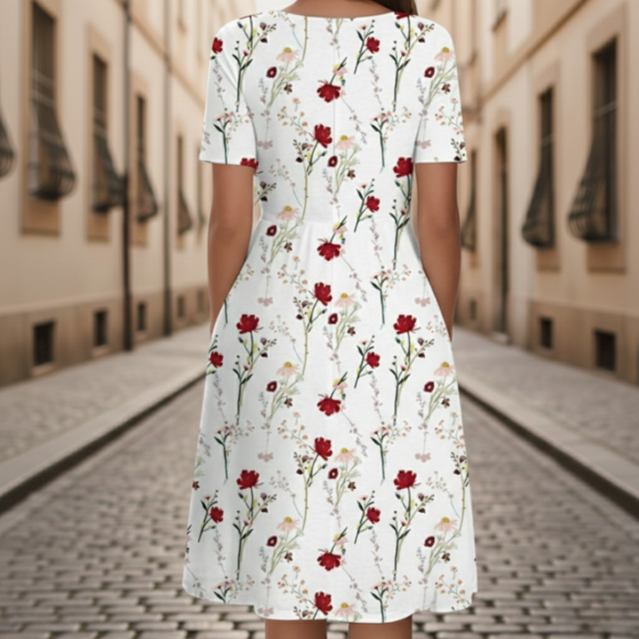Floral Midi Dress Short Sleeve Pocket Women