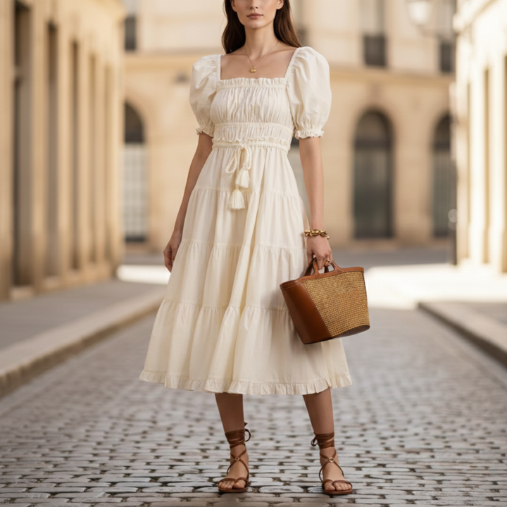 Midi Dress Puff Sleeve Square Neck Women