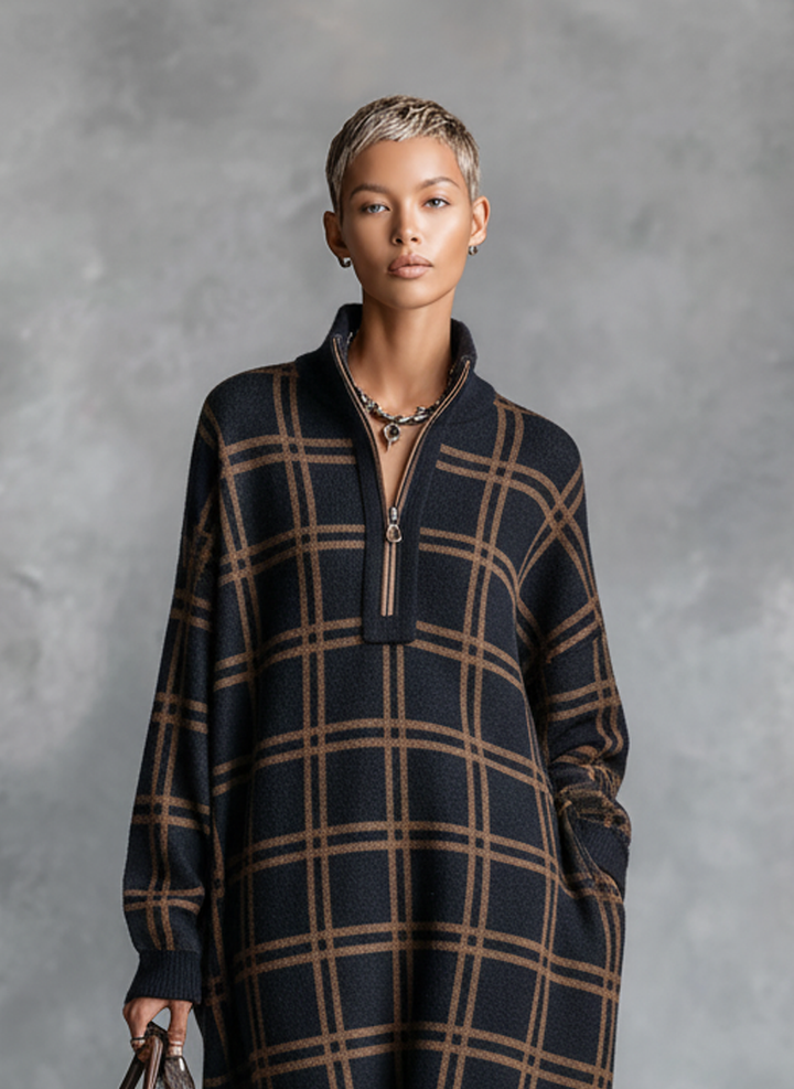 Rose | Loose Plaid Zipper Neck