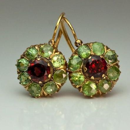 Chic Round Earrings with Green & Red Crystals