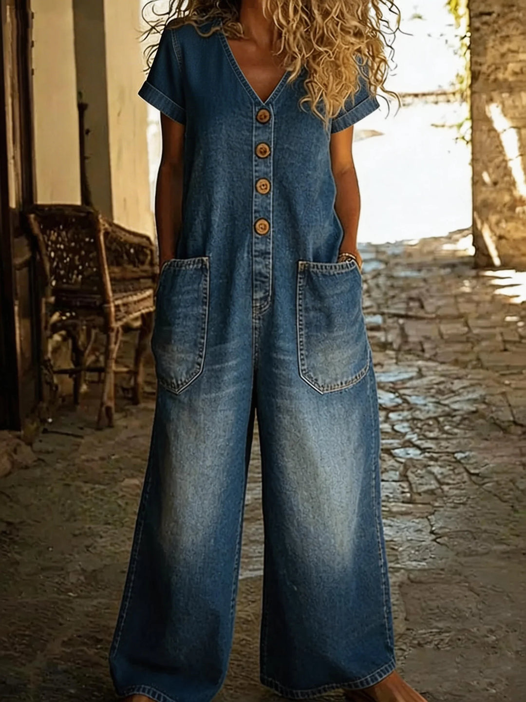 Denise | Denim Jumpsuit with V-neck and Short Sleeves