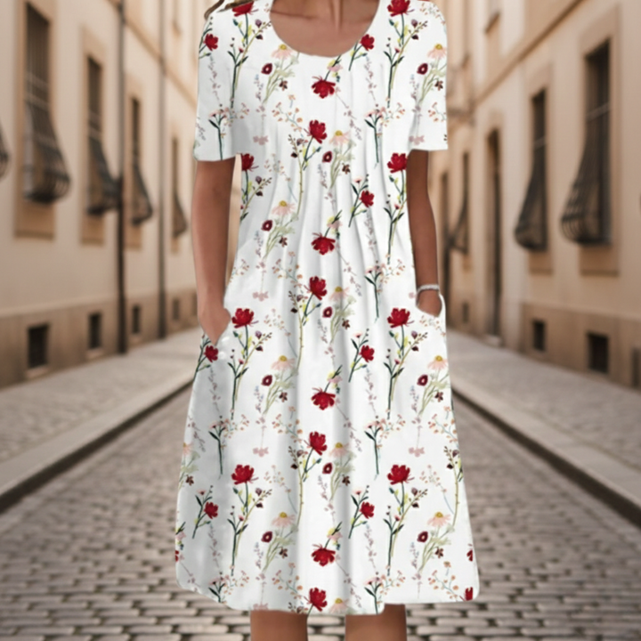 Floral Midi Dress Short Sleeve Pocket Women