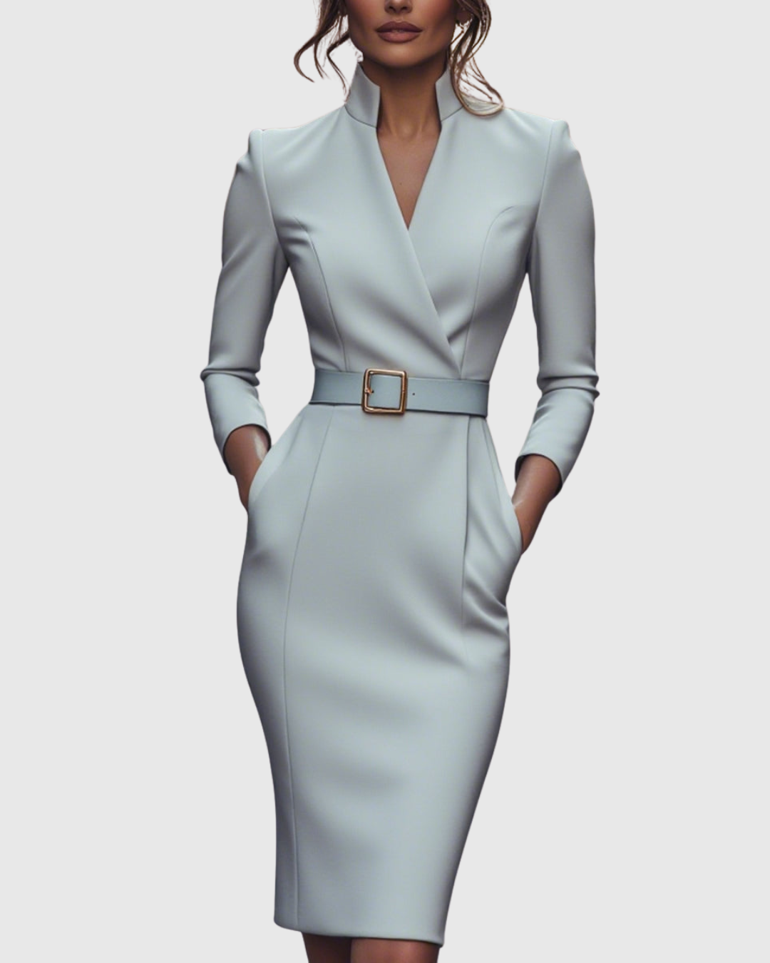 Women's Midi Dress Sheath Slim Fit Three Quarter Sleeve V-Neck Belted