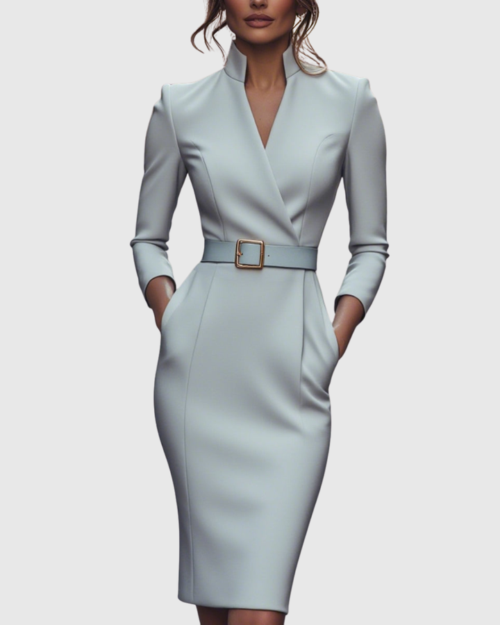 Women's Midi Dress Sheath Slim Fit Three Quarter Sleeve V-Neck Belted