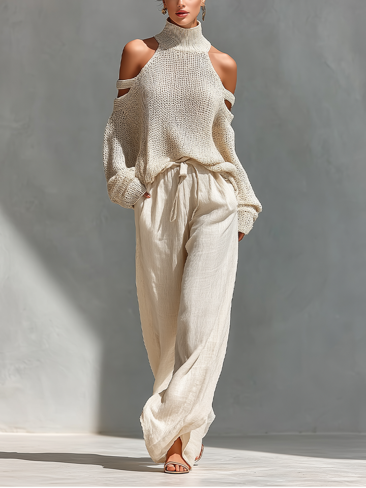 Astrid | Beige Knit Fabric Cold-Shoulder