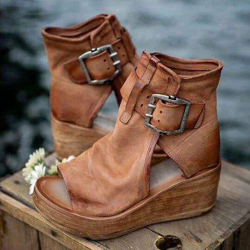 Rue | Open Toe Buckle Ankle Boots