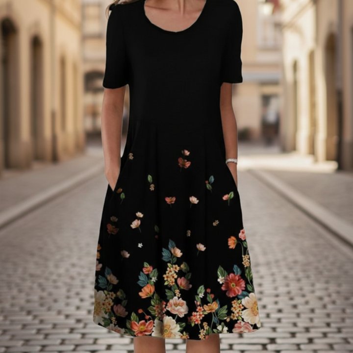 Floral Midi Dress Short Sleeve Pocket Women