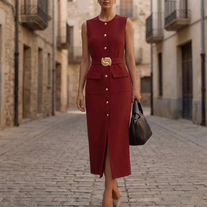 Sleeveless Button Front Belted Midi Dress Women