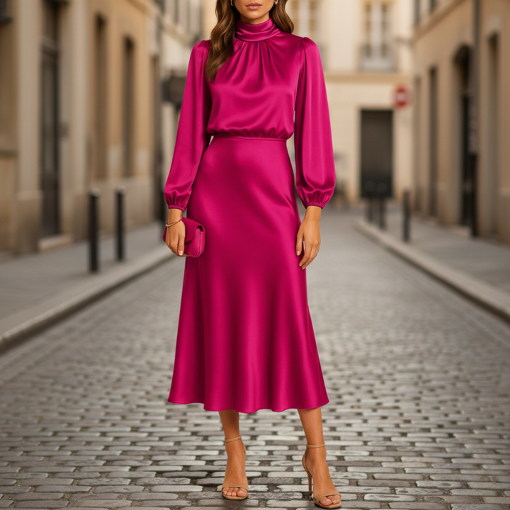 Midi Dress Long Sleeve High Neck Women