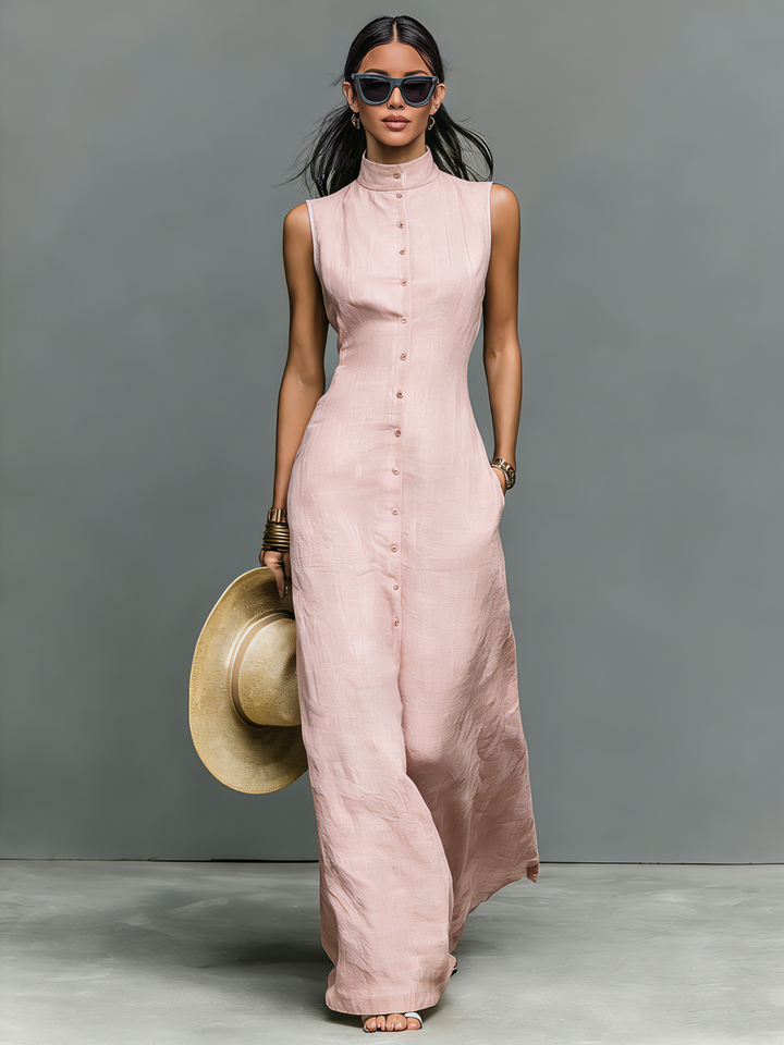 Bree | Linen-Blend Stand-Collar Single-Breasted Sleeveless