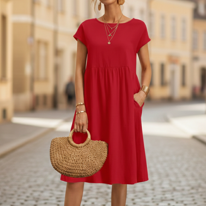 Midi dress short sleeve pocket womens