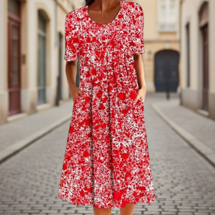 Floral Midi Dress Short Sleeve Pocket Women