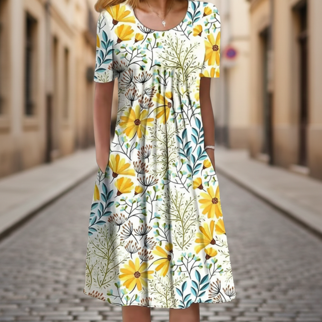 Floral Midi Dress Short Sleeve Pocket Women