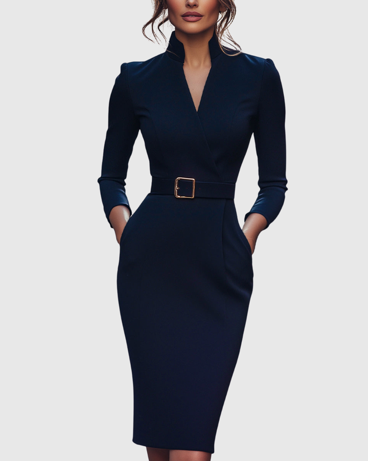 Women's Midi Dress Sheath Slim Fit Three Quarter Sleeve V-Neck Belted