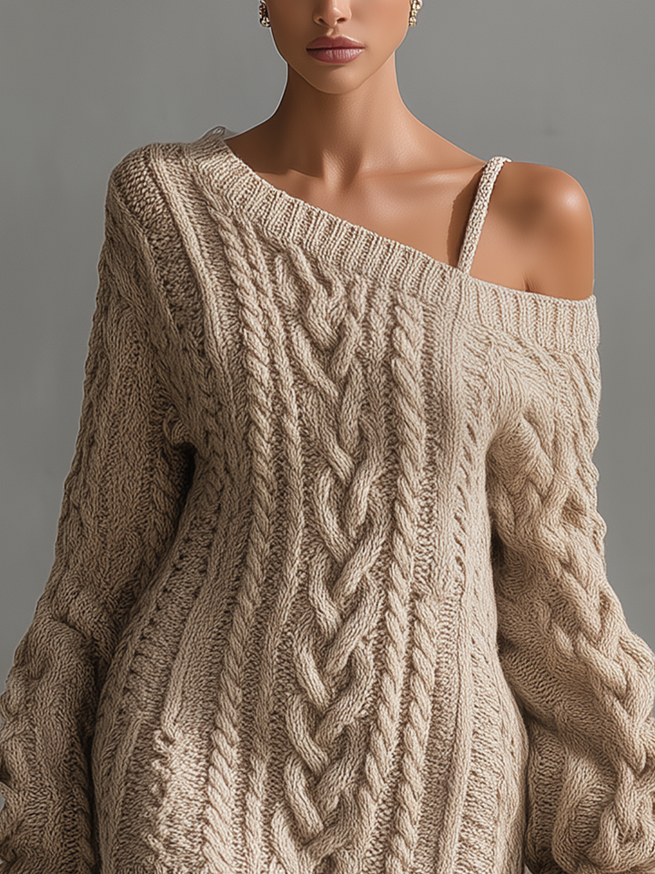 Rachel | Beige Cable Knit Off--Shoulder
