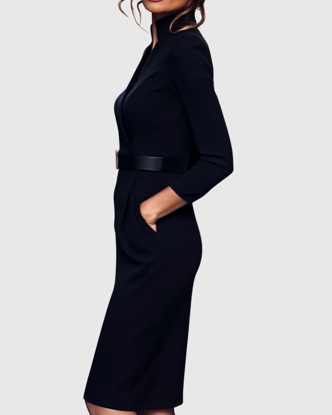 Women's Midi Dress Sheath Slim Fit Three Quarter Sleeve V-Neck Belted