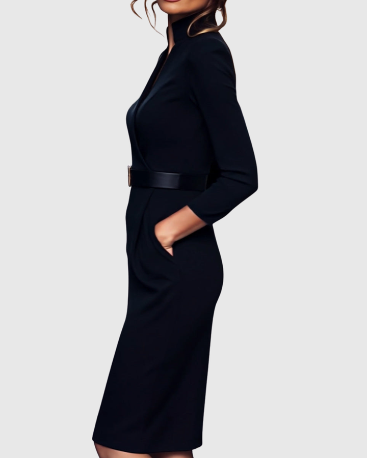 Women's Midi Dress Sheath Slim Fit Three Quarter Sleeve V-Neck Belted