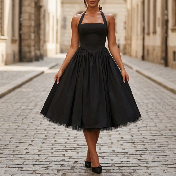 Women’s Halter Midi Dress Vintage-Inspired Fit & Flare Party Dress