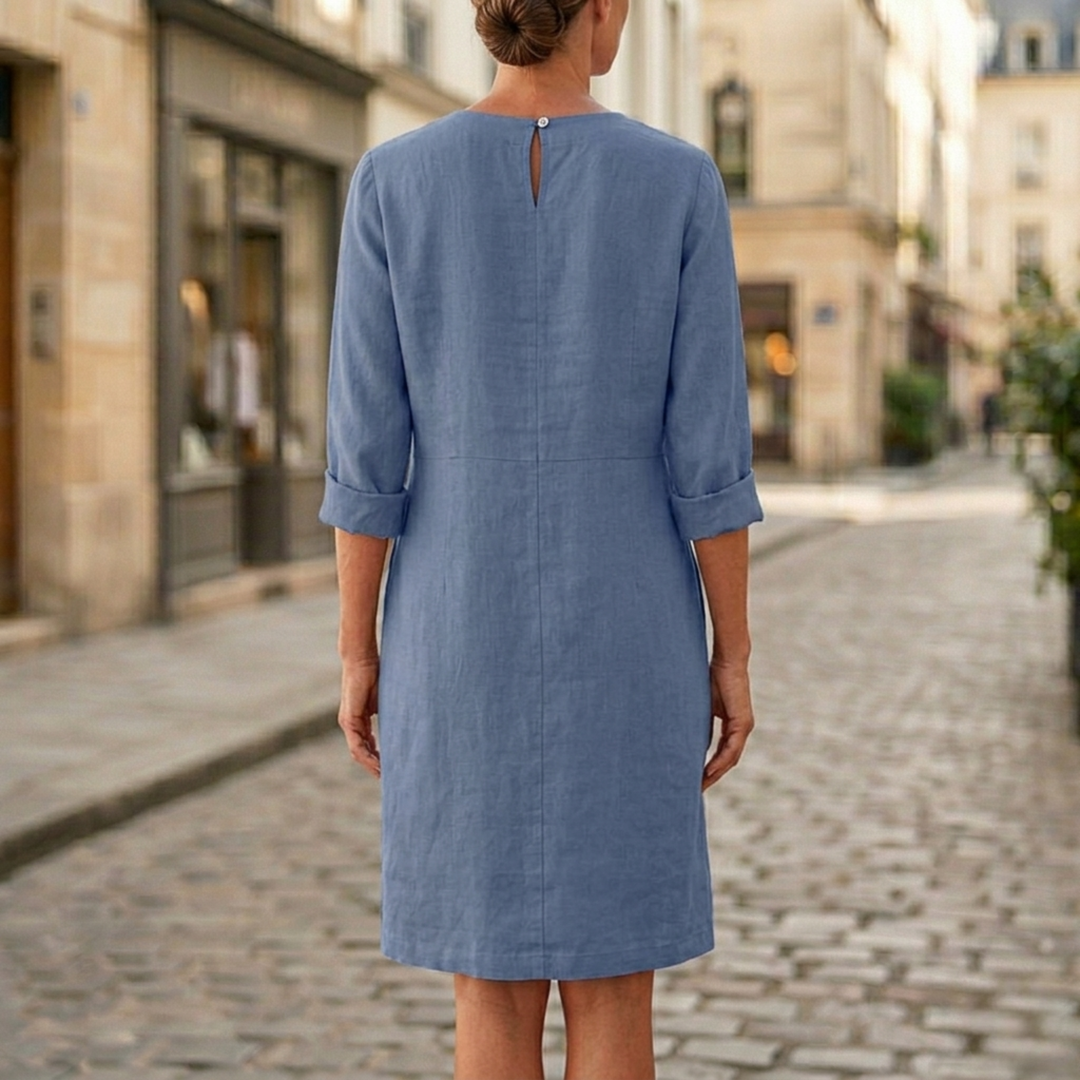 Shift Dress Button Front Knee Length 3 4 Sleeve Women