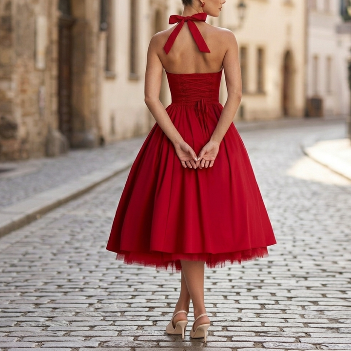 Women’s Halter Midi Dress Vintage-Inspired Fit & Flare Party Dress