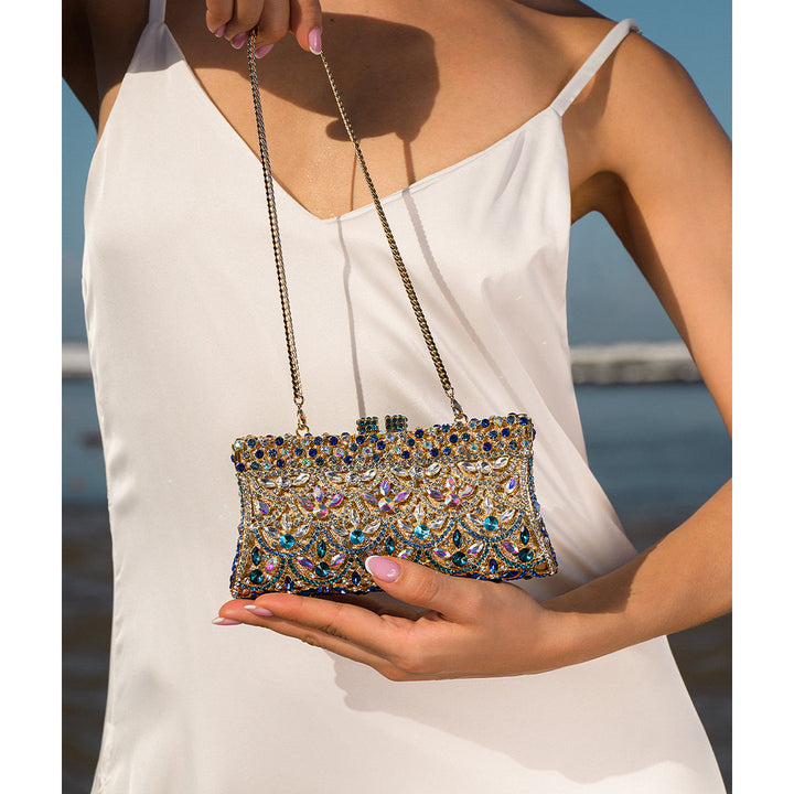 Aubrielle | Crystal-Embellished Clutch in Gold-Blue with Sparkling Rhinestones & Ornamental Pattern – Evening Bag for Women