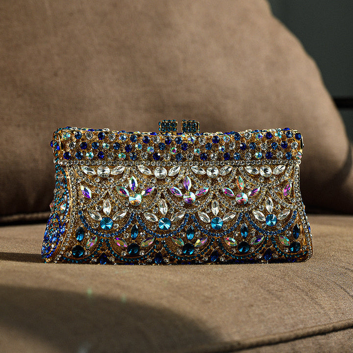Aubrielle | Crystal-Embellished Clutch in Gold-Blue with Sparkling Rhinestones & Ornamental Pattern – Evening Bag for Women