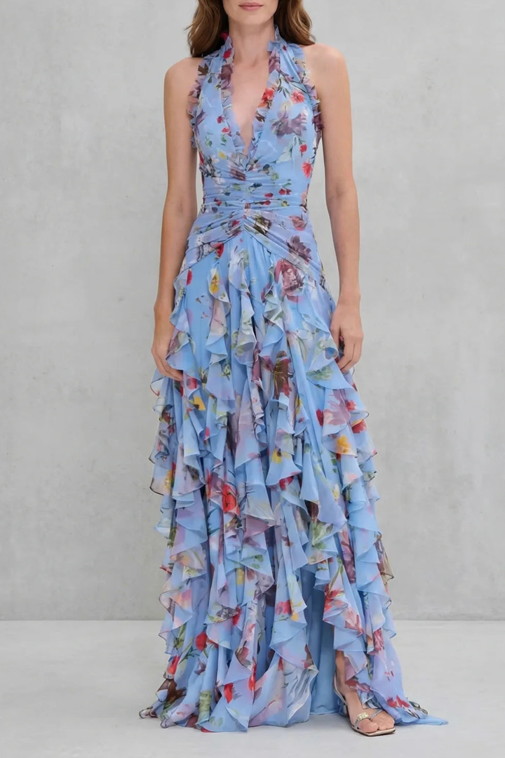 Sadie | Rose Print Long Dress with American Neckline
