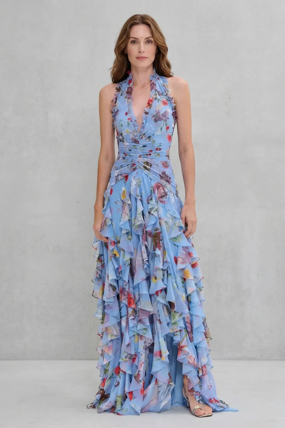 Sadie | Rose Print Long Dress with American Neckline
