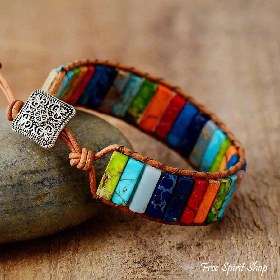 Mara | Handmade Rainbow Jasper Leather Wrap