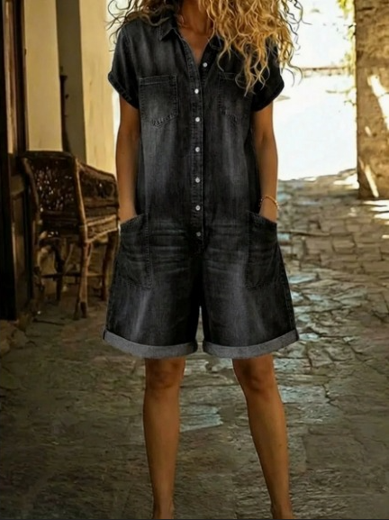 Elvora | Denim Playsuit with Collar and Short Sleeves