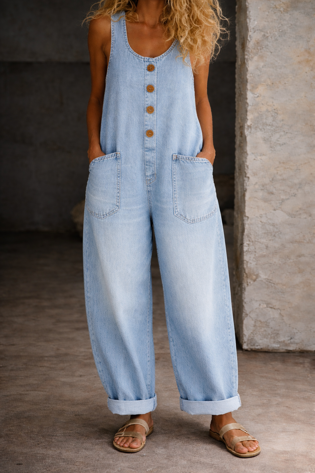 Sara | Vintage Washed Cotton Denim Jumpsuit