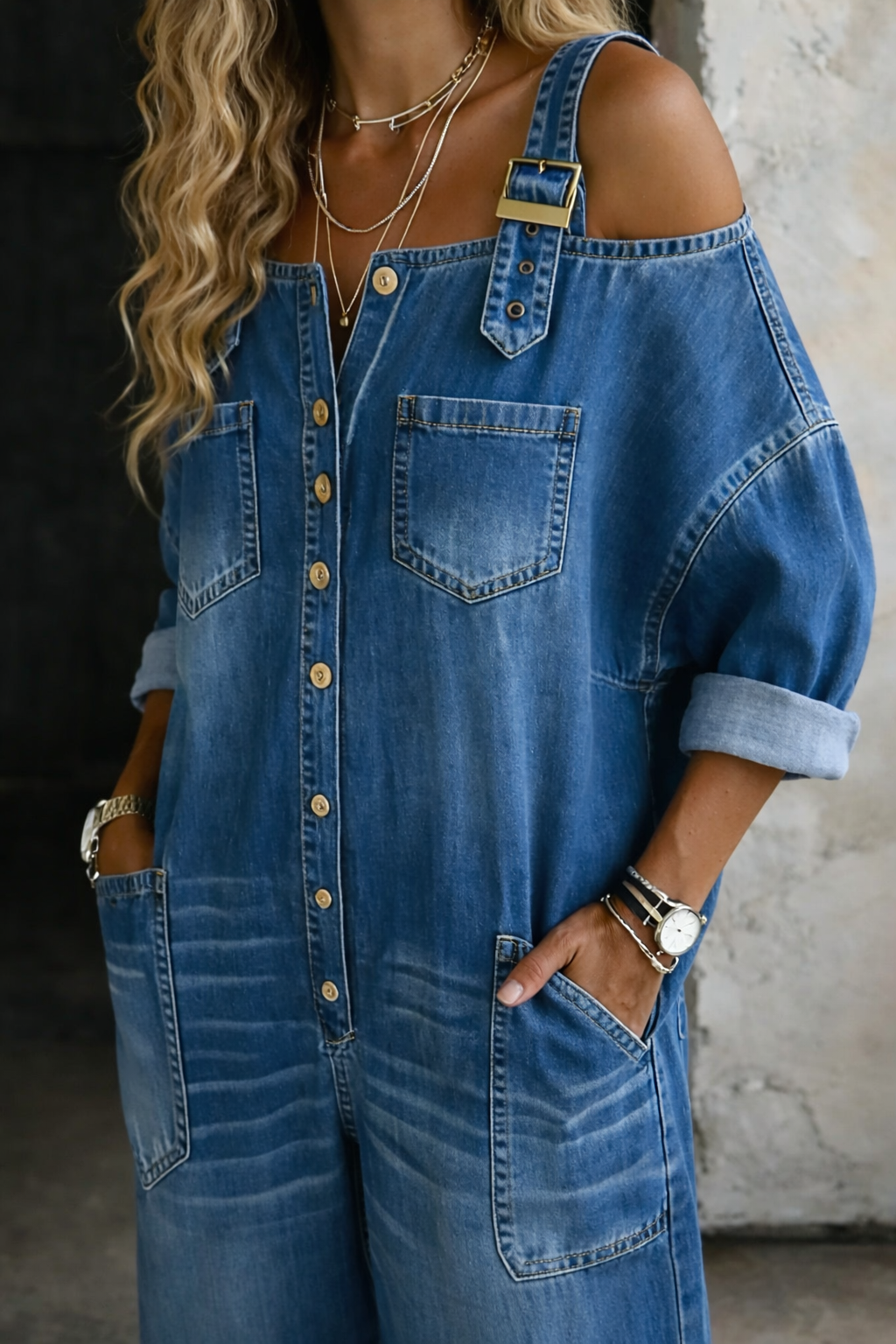 Sofía | Denim Jumpsuit with Off-the-Shoulder Design
